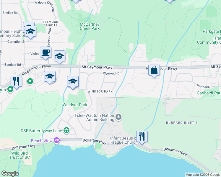 map of restaurants, bars, coffee shops, grocery stores, and more near 949 Hartford Place in North Vancouver