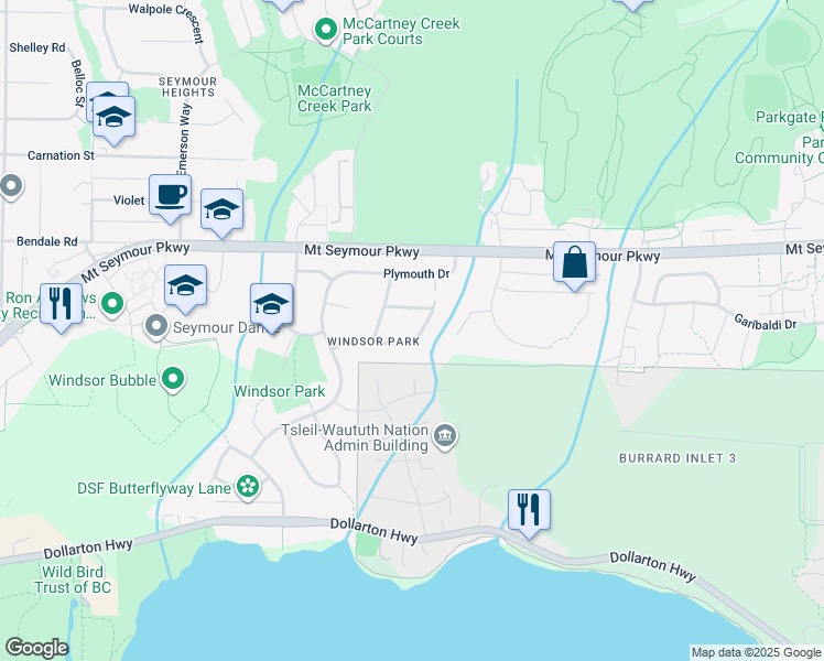 map of restaurants, bars, coffee shops, grocery stores, and more near 949 Hartford Place in North Vancouver