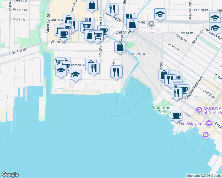 map of restaurants, bars, coffee shops, grocery stores, and more near 755 Harbourside Drive in North Vancouver