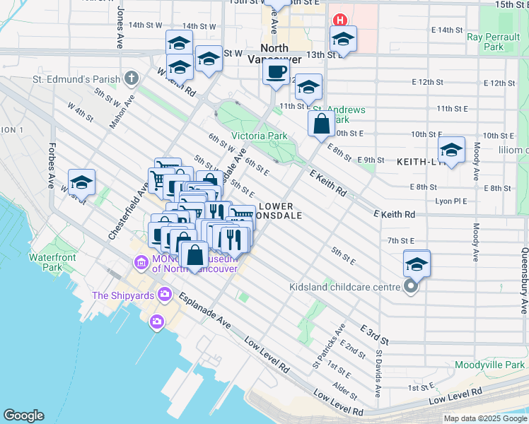 map of restaurants, bars, coffee shops, grocery stores, and more near in North Vancouver