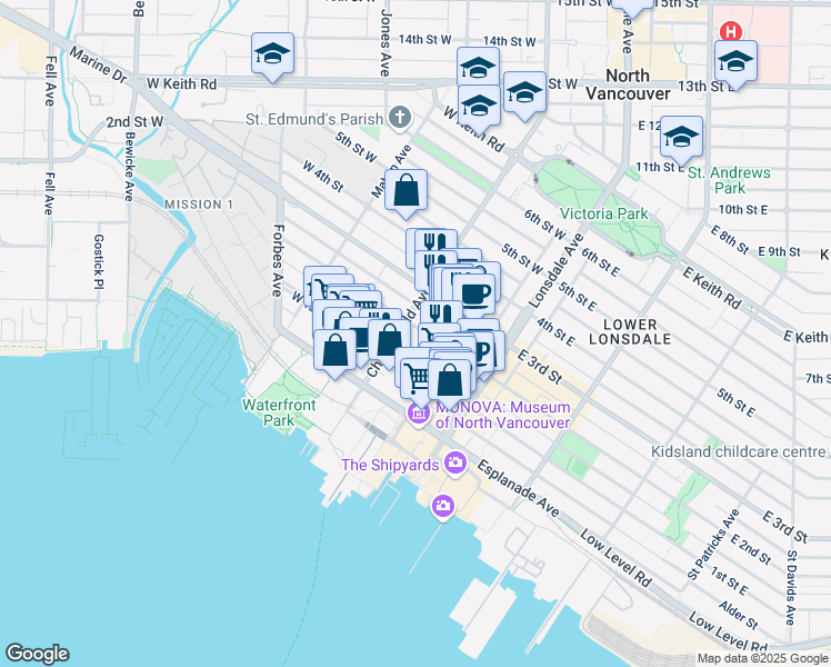 map of restaurants, bars, coffee shops, grocery stores, and more near 175 2nd Street West in North Vancouver