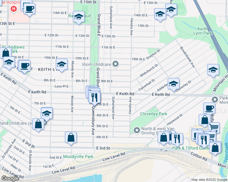 map of restaurants, bars, coffee shops, grocery stores, and more near 712 Keith Road East in North Vancouver