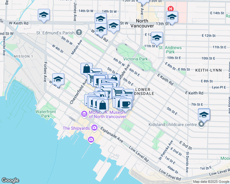 map of restaurants, bars, coffee shops, grocery stores, and more near 332 Lonsdale Avenue in North Vancouver