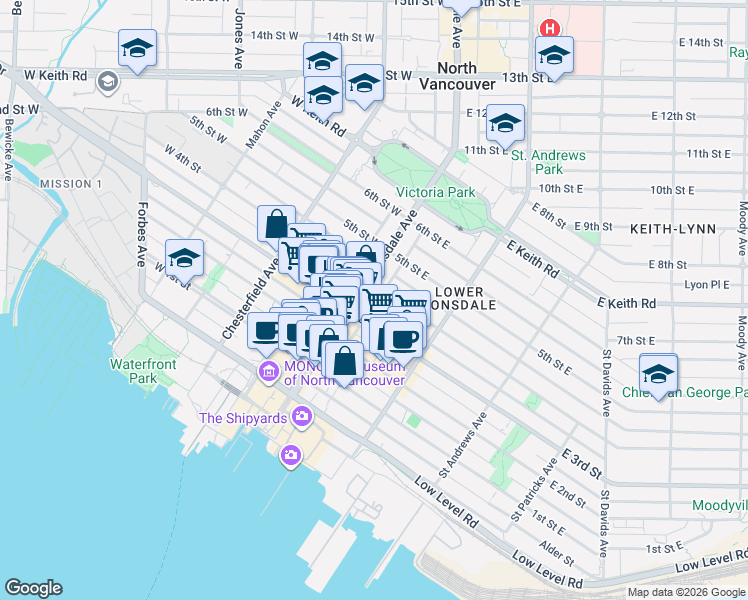 map of restaurants, bars, coffee shops, grocery stores, and more near 332 Lonsdale Avenue in North Vancouver