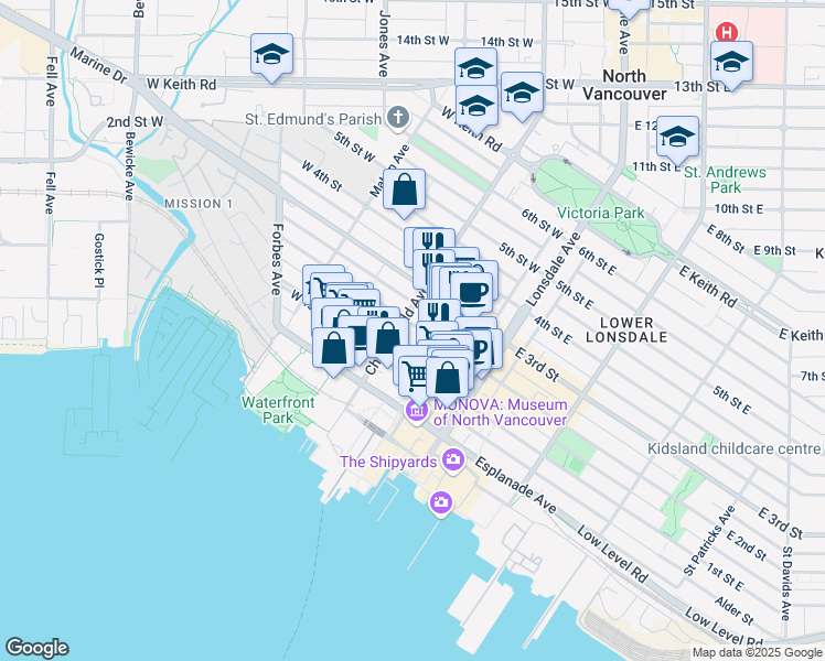 map of restaurants, bars, coffee shops, grocery stores, and more near 175 2nd Street West in North Vancouver