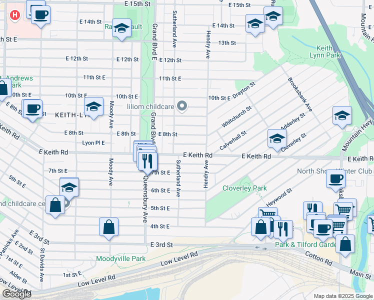 map of restaurants, bars, coffee shops, grocery stores, and more near 740 Keith Road East in North Vancouver