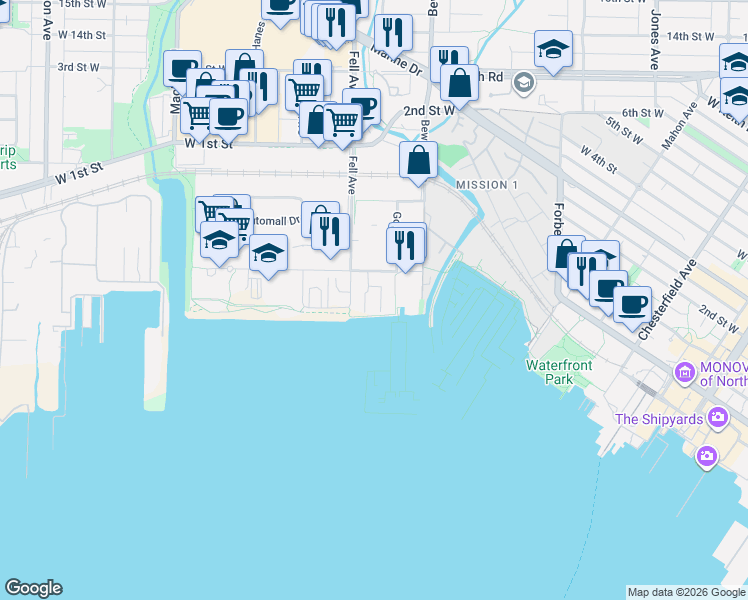 map of restaurants, bars, coffee shops, grocery stores, and more near 18 Fell Avenue in North Vancouver