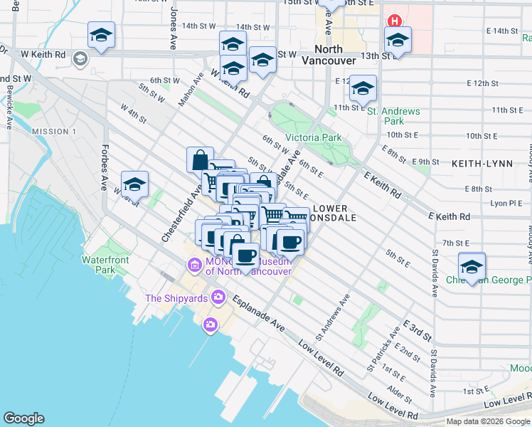 map of restaurants, bars, coffee shops, grocery stores, and more near 332 Lonsdale Avenue in North Vancouver