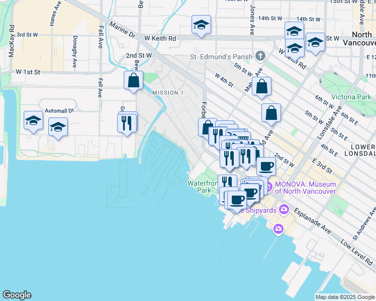 map of restaurants, bars, coffee shops, grocery stores, and more near 415 Esplanade West in North Vancouver