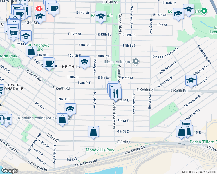map of restaurants, bars, coffee shops, grocery stores, and more near 745 Grand Boulevard West in North Vancouver