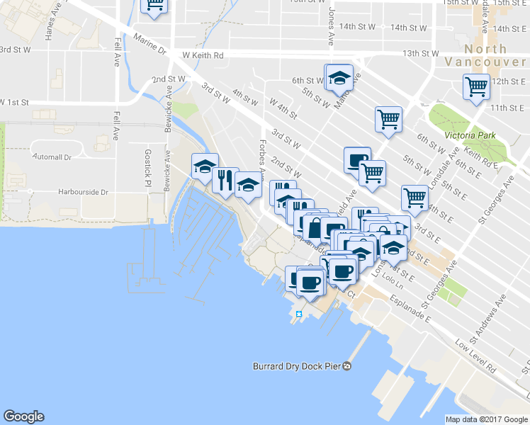 map of restaurants, bars, coffee shops, grocery stores, and more near 309 Esplanade Avenue in North Vancouver