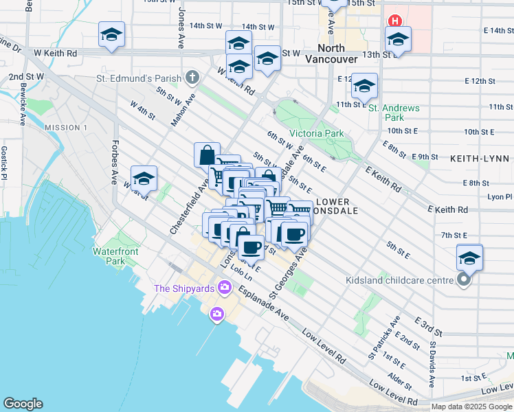 map of restaurants, bars, coffee shops, grocery stores, and more near 309 Lonsdale Avenue in North Vancouver