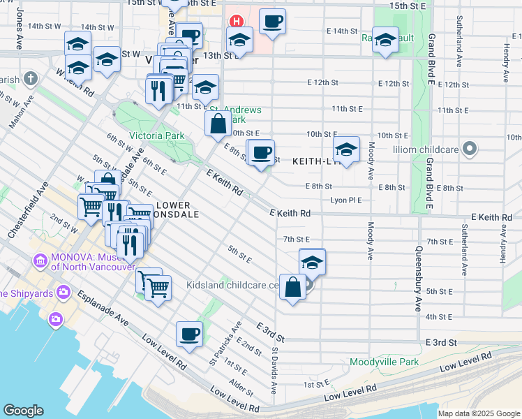 map of restaurants, bars, coffee shops, grocery stores, and more near 323 East Keith Road in North Vancouver