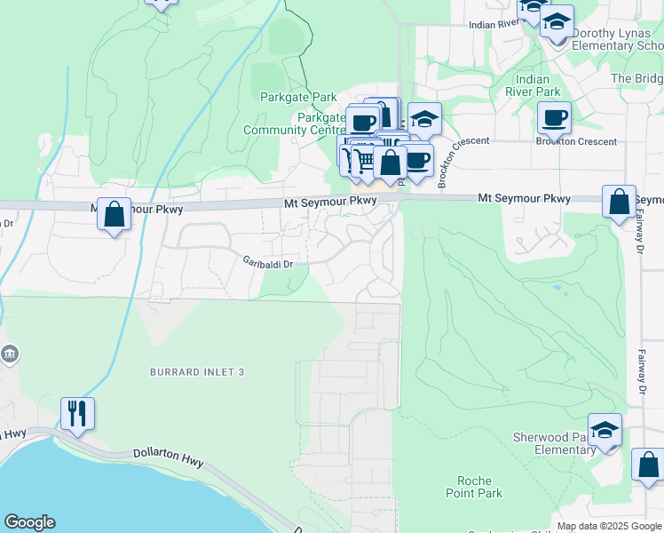map of restaurants, bars, coffee shops, grocery stores, and more near 3603 Garibaldi Drive in North Vancouver