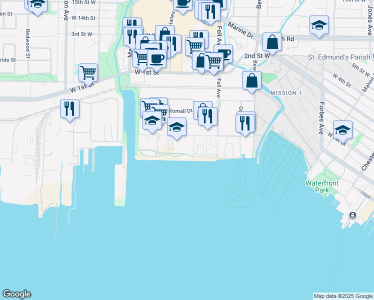 map of restaurants, bars, coffee shops, grocery stores, and more near 889 Harbourside Drive in North Vancouver