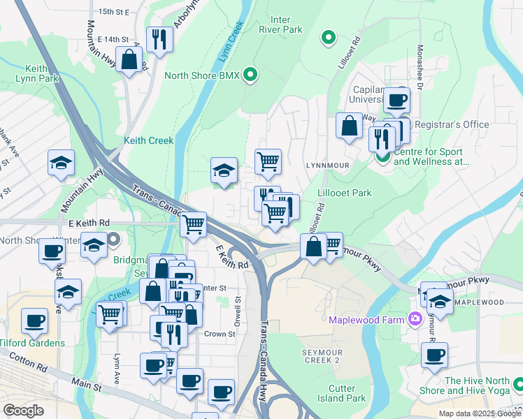 map of restaurants, bars, coffee shops, grocery stores, and more near 717 Premier Street in North Vancouver