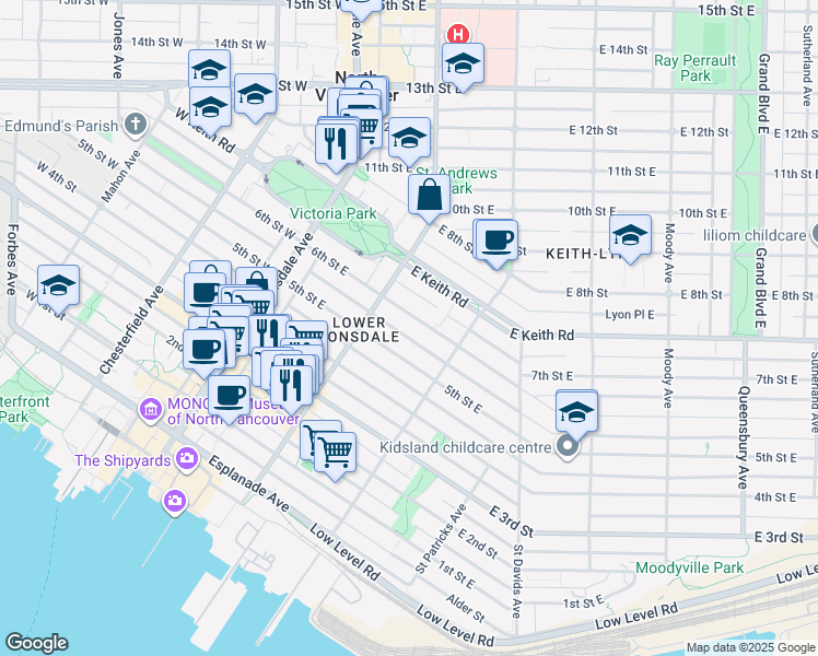 map of restaurants, bars, coffee shops, grocery stores, and more near 233 6th Street East in North Vancouver