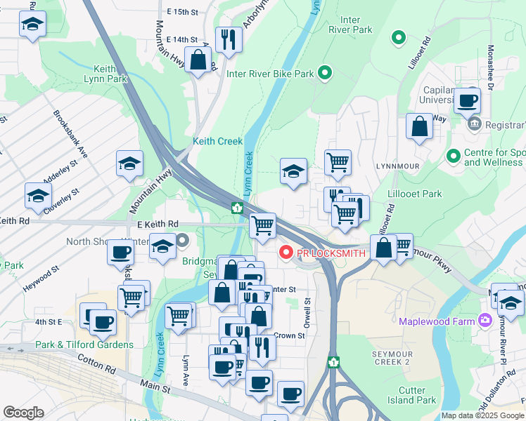map of restaurants, bars, coffee shops, grocery stores, and more near 760 Saint Denis Avenue in North Vancouver