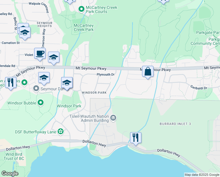 map of restaurants, bars, coffee shops, grocery stores, and more near 956 Hartford Place in North Vancouver
