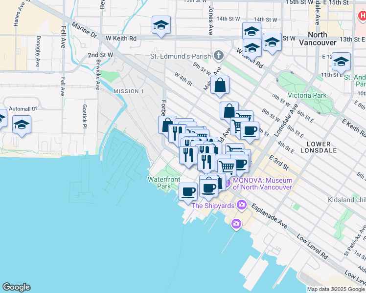 map of restaurants, bars, coffee shops, grocery stores, and more near 255 West 1st Street in North Vancouver