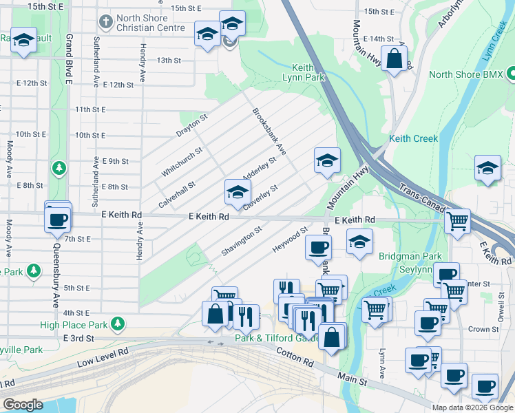 map of restaurants, bars, coffee shops, grocery stores, and more near 1119 Cloverley Street in North Vancouver