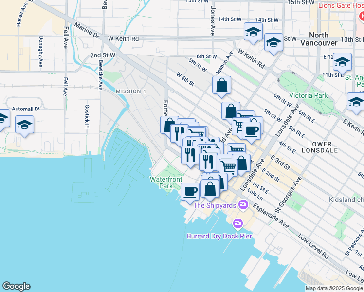 map of restaurants, bars, coffee shops, grocery stores, and more near in North Vancouver