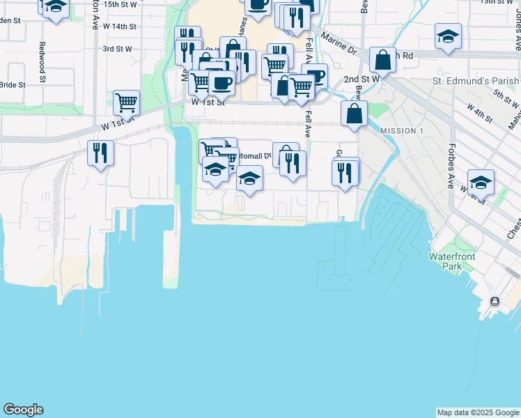map of restaurants, bars, coffee shops, grocery stores, and more near 889 Harbourside Drive in North Vancouver