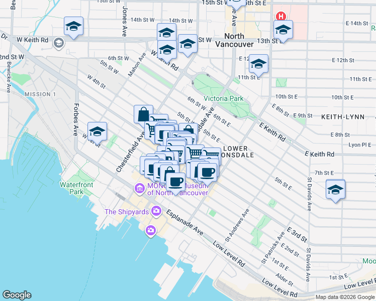 map of restaurants, bars, coffee shops, grocery stores, and more near 332 Lonsdale Avenue in North Vancouver