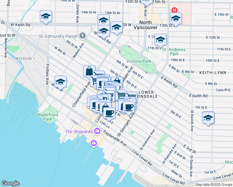 map of restaurants, bars, coffee shops, grocery stores, and more near 332 Lonsdale Avenue in North Vancouver
