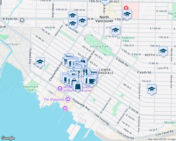 map of restaurants, bars, coffee shops, grocery stores, and more near in North Vancouver