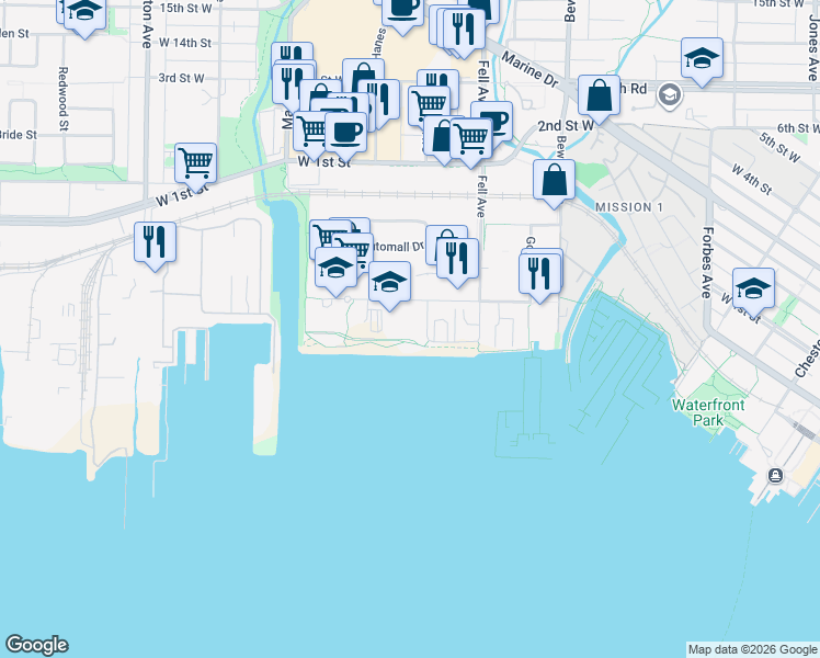 map of restaurants, bars, coffee shops, grocery stores, and more near 925 Harbourside Drive in North Vancouver