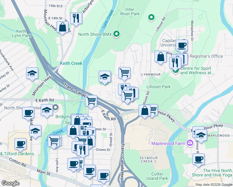map of restaurants, bars, coffee shops, grocery stores, and more near 752 Orwell Street in North Vancouver