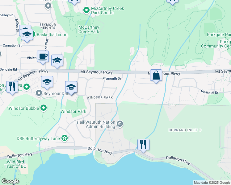 map of restaurants, bars, coffee shops, grocery stores, and more near 956 Hartford Place in North Vancouver