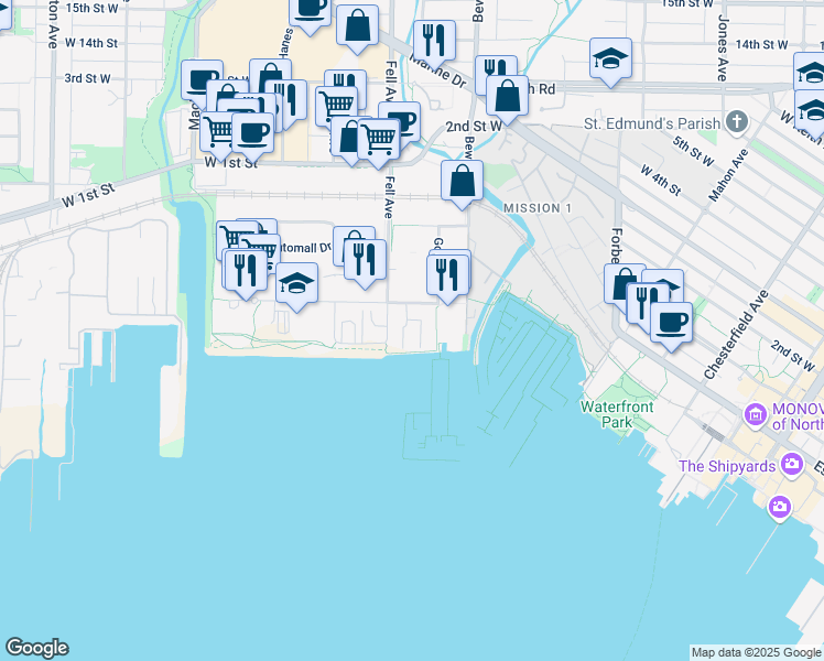 map of restaurants, bars, coffee shops, grocery stores, and more near 318 Fell Avenue in North Vancouver