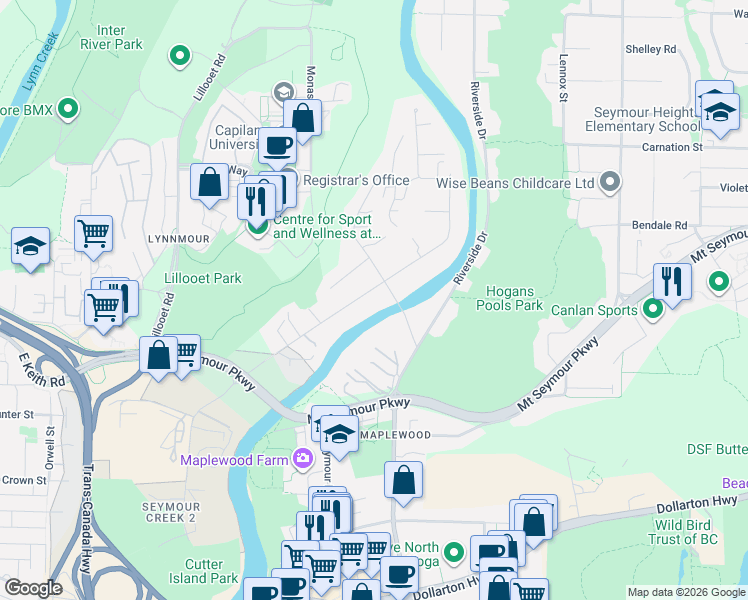 map of restaurants, bars, coffee shops, grocery stores, and more near 820 Seymour Street in Vancouver