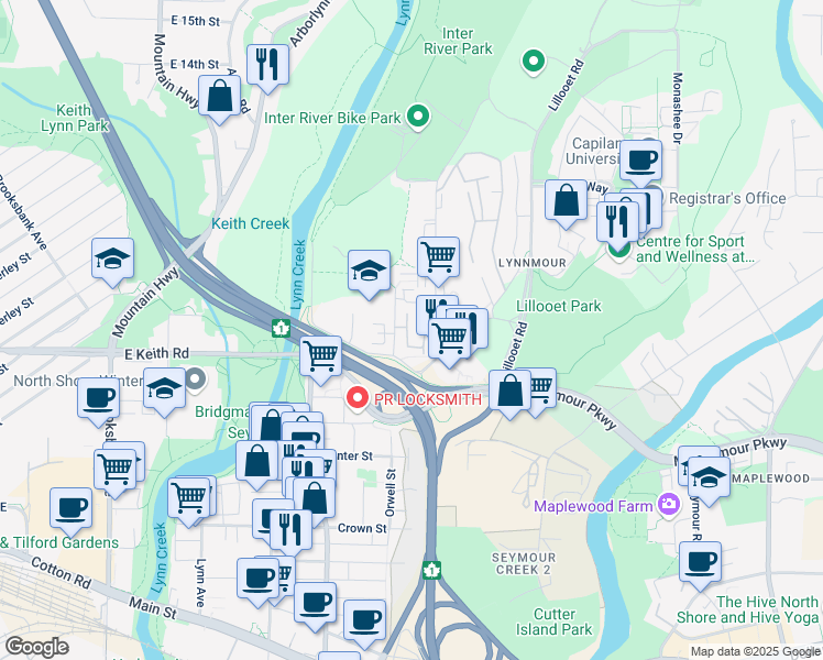 map of restaurants, bars, coffee shops, grocery stores, and more near 752 Orwell Street in North Vancouver