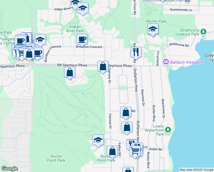 map of restaurants, bars, coffee shops, grocery stores, and more near 871 Fairway Drive in North Vancouver