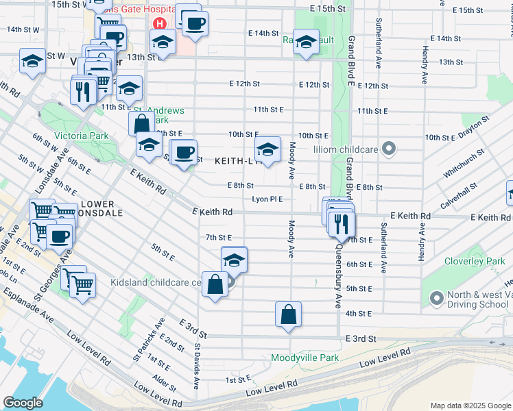 map of restaurants, bars, coffee shops, grocery stores, and more near 418 East Keith Road in North Vancouver