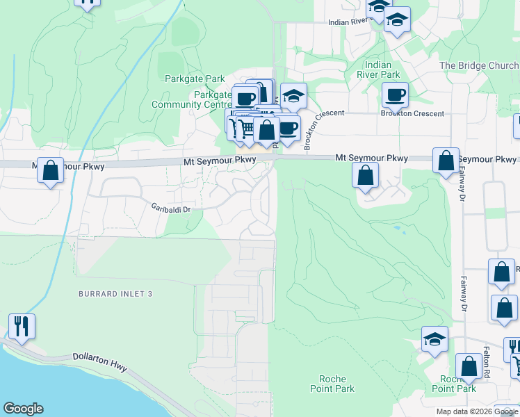 map of restaurants, bars, coffee shops, grocery stores, and more near 834 Roche Point Drive in North Vancouver