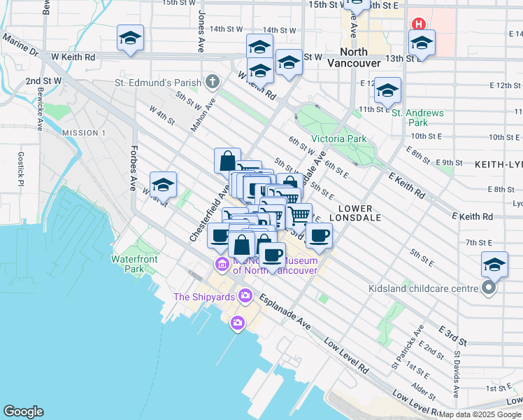 map of restaurants, bars, coffee shops, grocery stores, and more near in North Vancouver