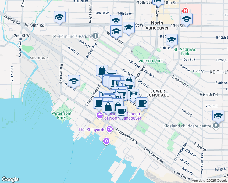 map of restaurants, bars, coffee shops, grocery stores, and more near 131 3rd Street West in North Vancouver