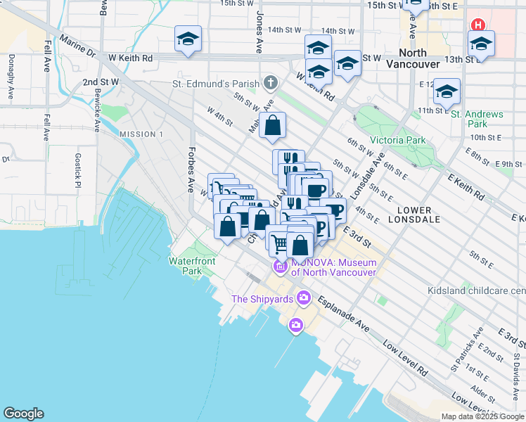 map of restaurants, bars, coffee shops, grocery stores, and more near 203 2nd Street West in North Vancouver