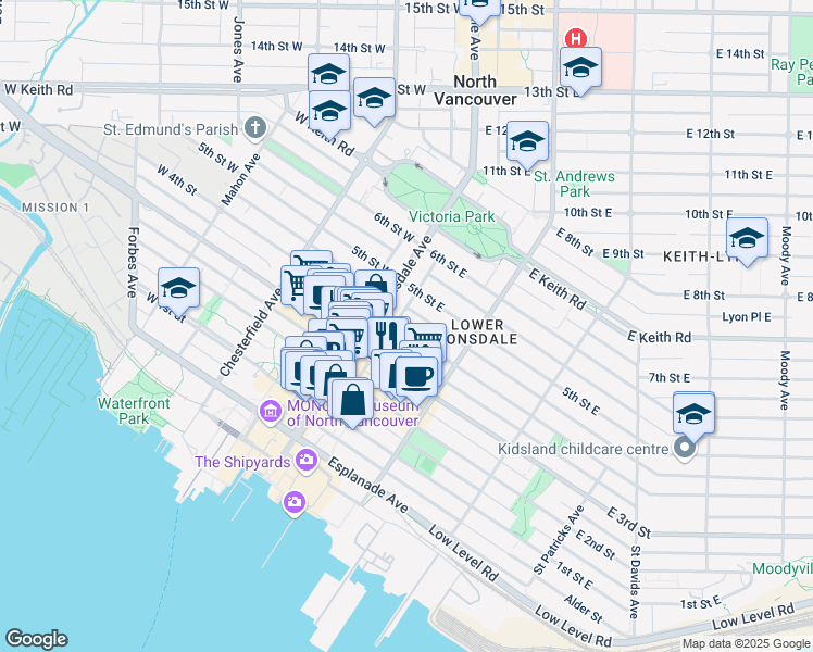 map of restaurants, bars, coffee shops, grocery stores, and more near in North Vancouver