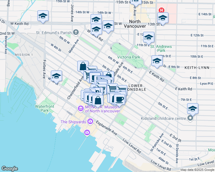 map of restaurants, bars, coffee shops, grocery stores, and more near in North Vancouver