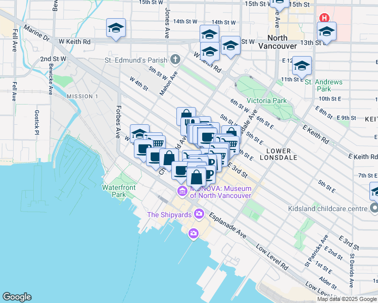 map of restaurants, bars, coffee shops, grocery stores, and more near 160 2nd Street West in North Vancouver