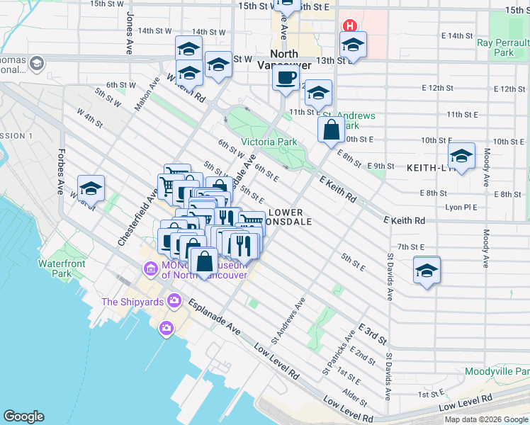 map of restaurants, bars, coffee shops, grocery stores, and more near in Vancouver