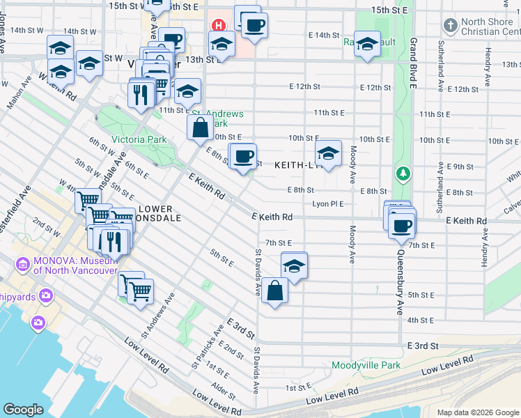 map of restaurants, bars, coffee shops, grocery stores, and more near in North Vancouver
