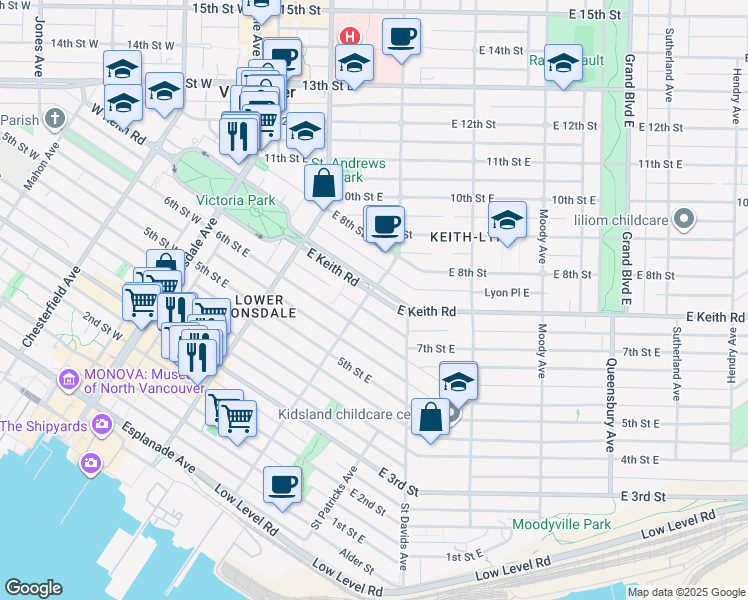 map of restaurants, bars, coffee shops, grocery stores, and more near 309 Keith Road East in North Vancouver