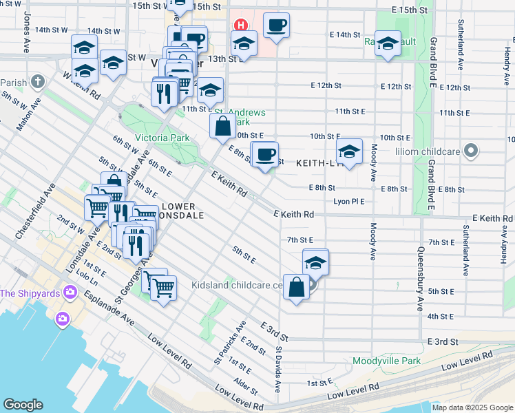 map of restaurants, bars, coffee shops, grocery stores, and more near 309 Keith Road East in North Vancouver