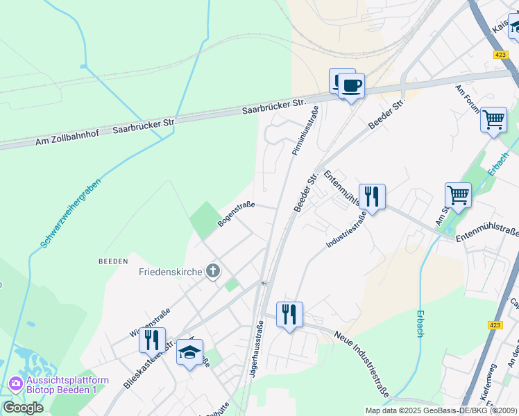 map of restaurants, bars, coffee shops, grocery stores, and more near 1 Bogenstraße in Homburg